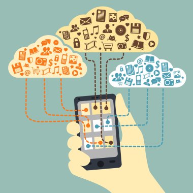 Hand holding smartphone connected to cloud services clipart