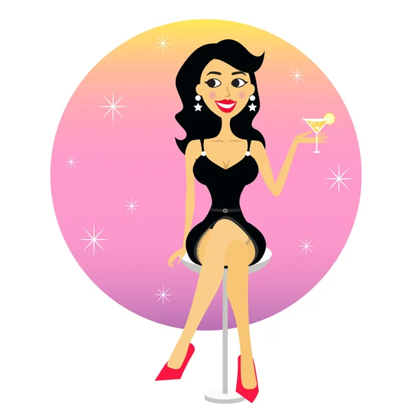 Chica bonita en vestido negro corto y medias — Vector de stock