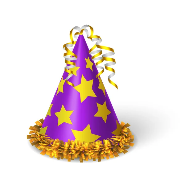 Sombrero violeta de cumpleaños con estrellas amarillas — Vector de stock