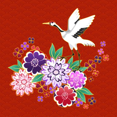 Kimono decorative motif with flowers and crane clipart