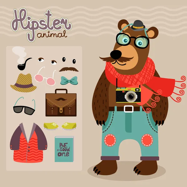 Hipster pack voor dierlijke teddy bear — Stockvector