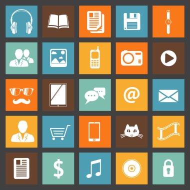 Flat media devices and services icons set
