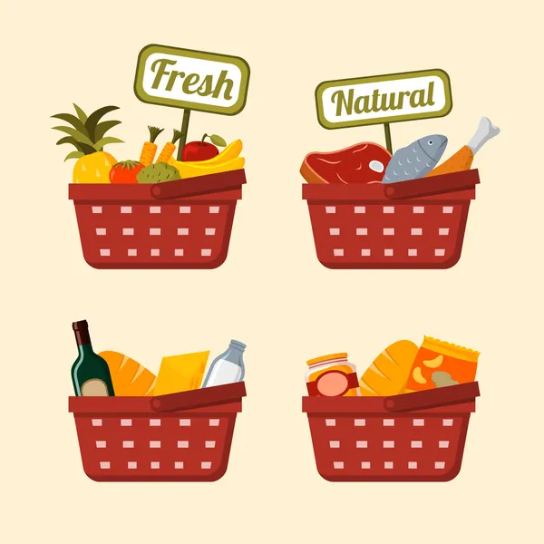 Shopping basket set with foods — Stock Vector