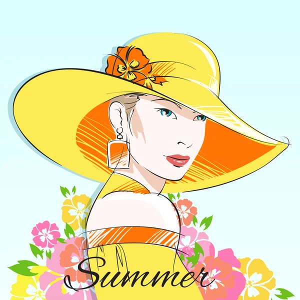 Summer fashion girl in yellow hat — Stock Vector