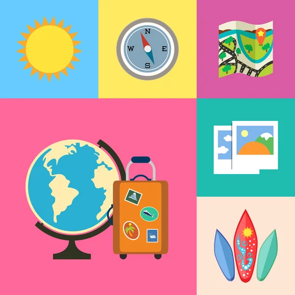 Vacaciones y conjunto de iconos de viaje — Vector de stock