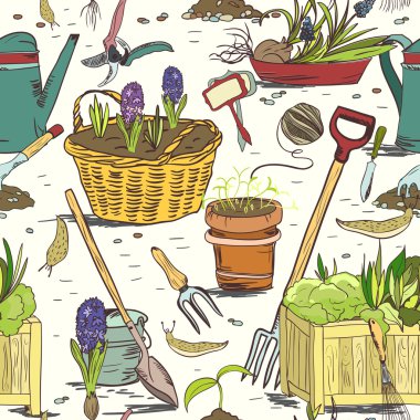 Seamless gardening tools pattern background clipart