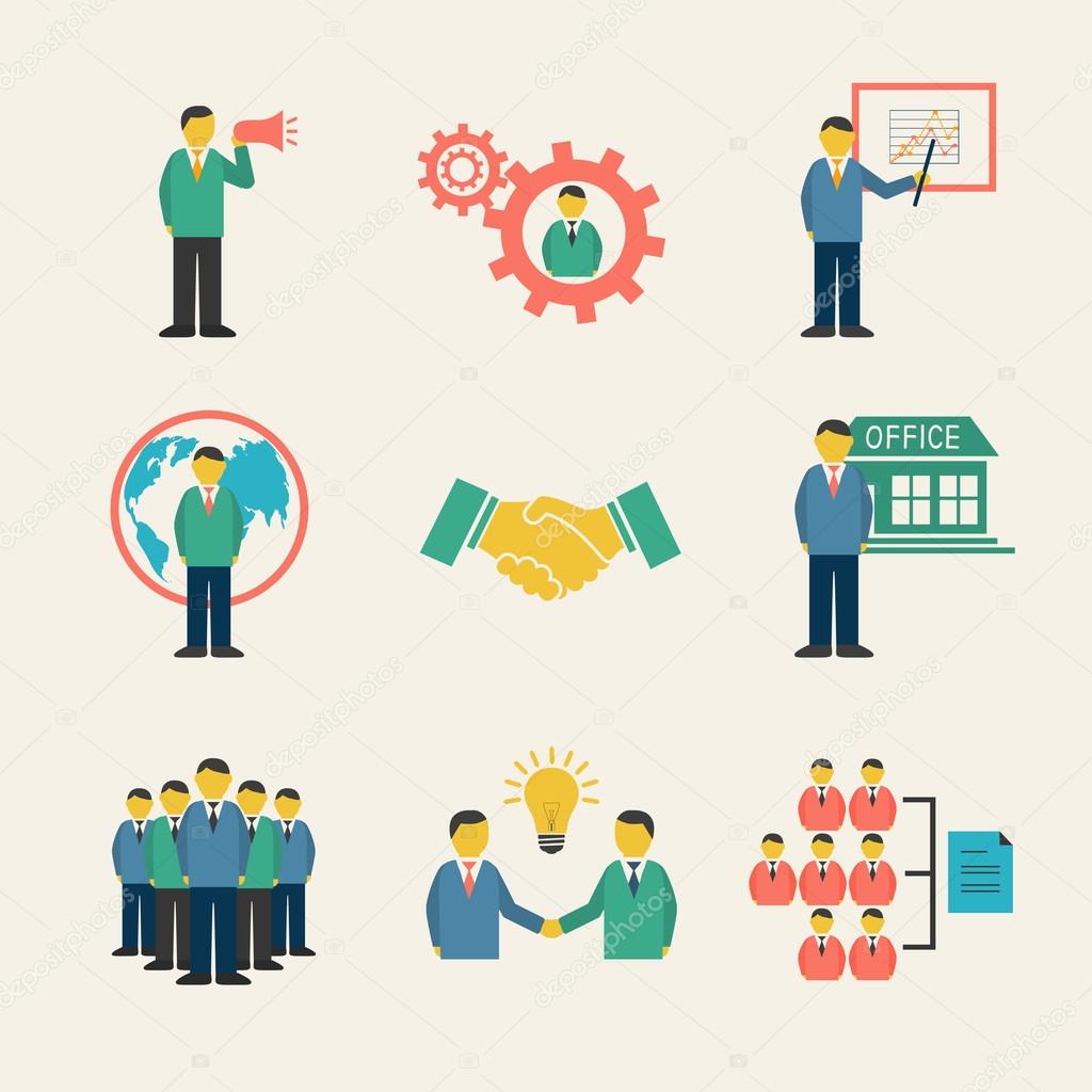 Flat business people meeting icons set