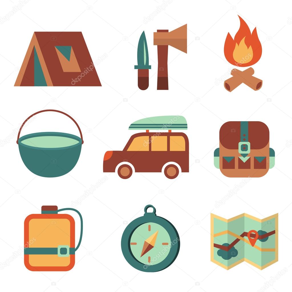 Outdoors tourism camping flat icons set