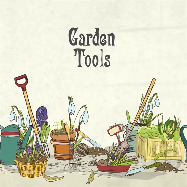 Hand drawn gardening tools album cover — Stock Vector