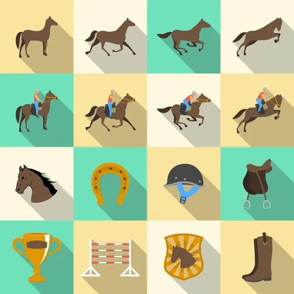 Horseback het berijden platte schaduwen pictogrammen instellen — Stockvector