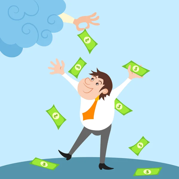 Businessman character under money rain — Stock Vector