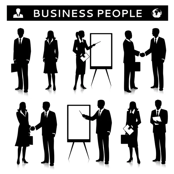 Flipcharts con siluetas de gente de negocios — Vector de stock