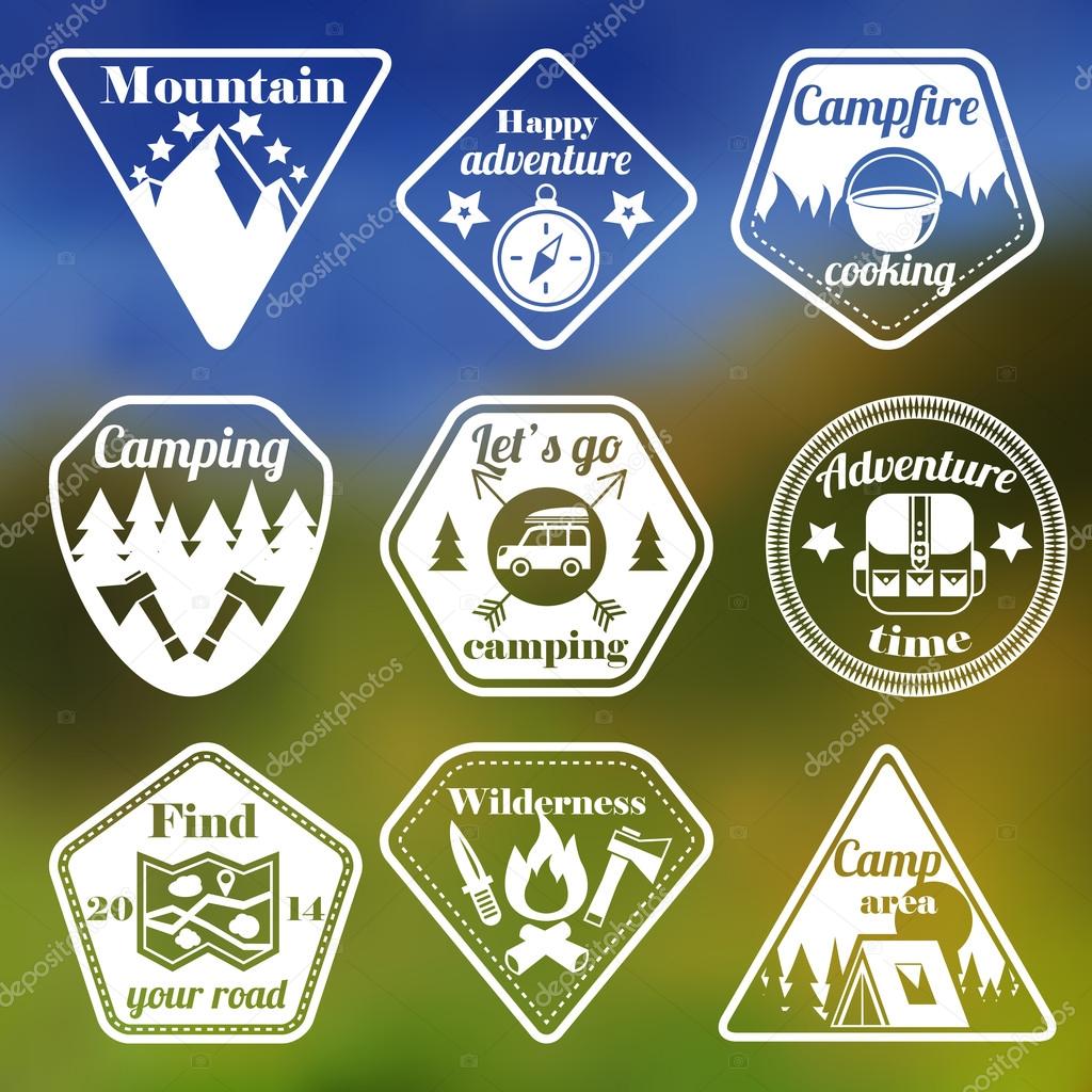 Outdoors tourism camping flat emblems set