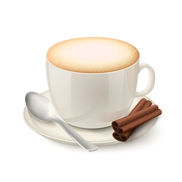 Realistische weiße Tasse gefüllt mit Cappuccino — Stockvektor