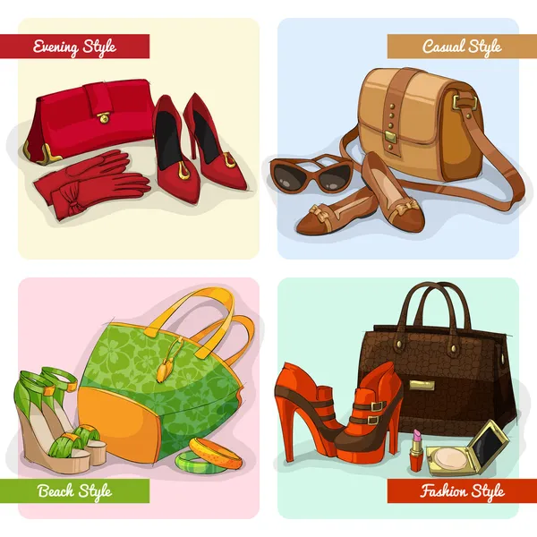 女性バッグ、靴やアクセサリーのセット — ストックベクタ