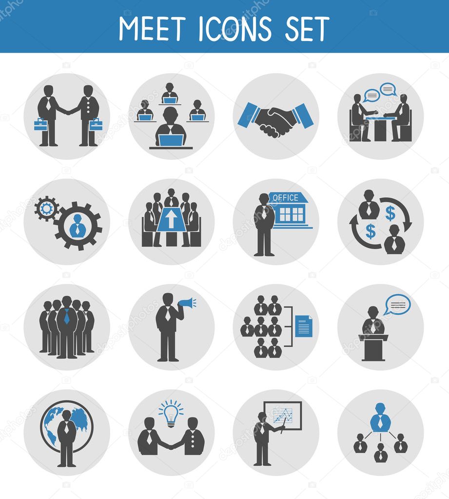 Flat business people meeting icons set