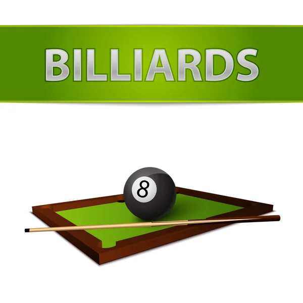 Balle de billard avec bâton sur l'emblème de la table verte — Image vectorielle