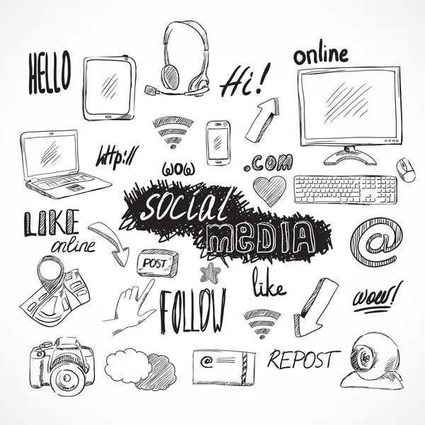 Jeu d'icônes de médias sociaux Doodle — Image vectorielle