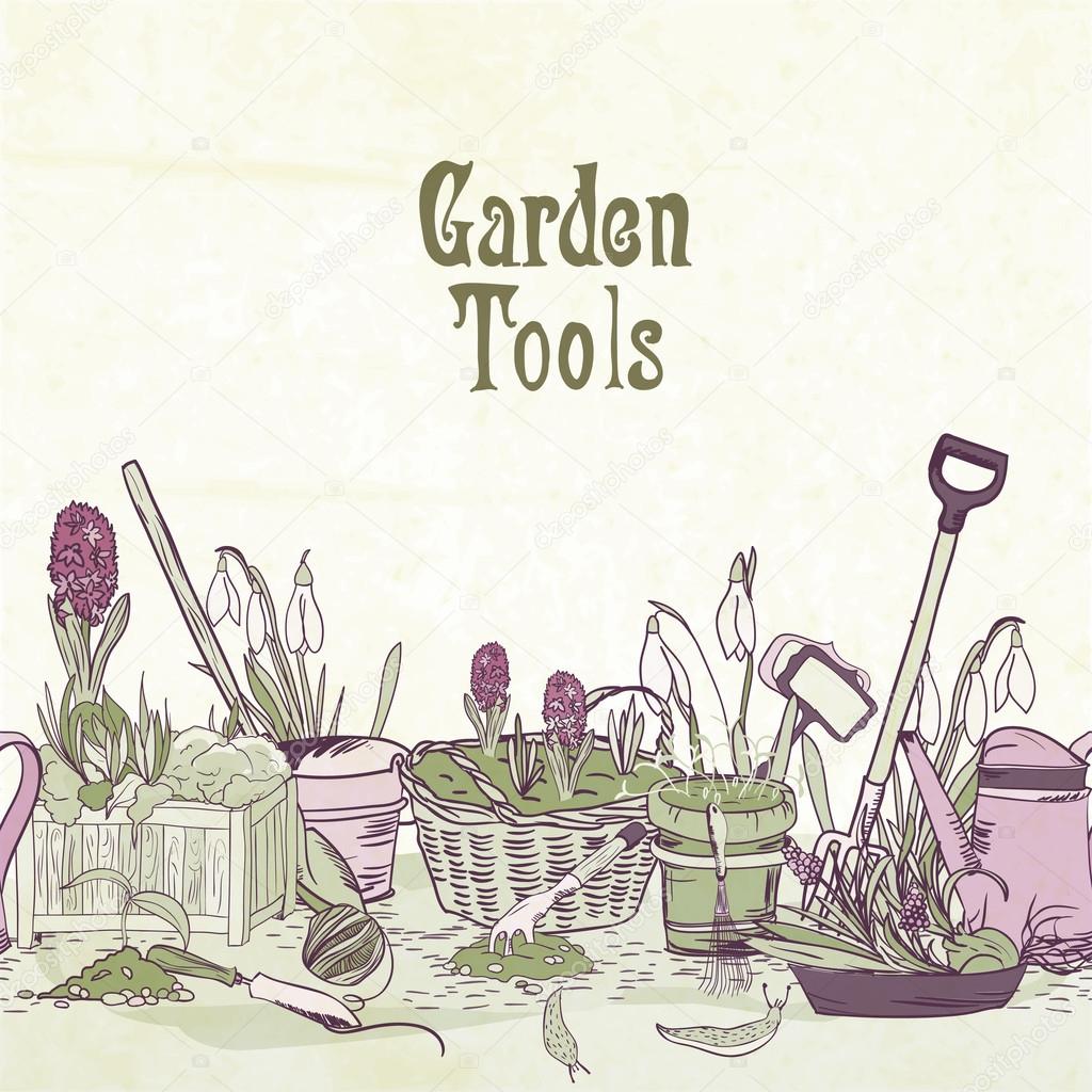 Hand drawn gardening tools frame
