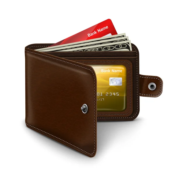 Portefeuille ouvert en cuir avec billets de banque par carte de crédit — Image vectorielle