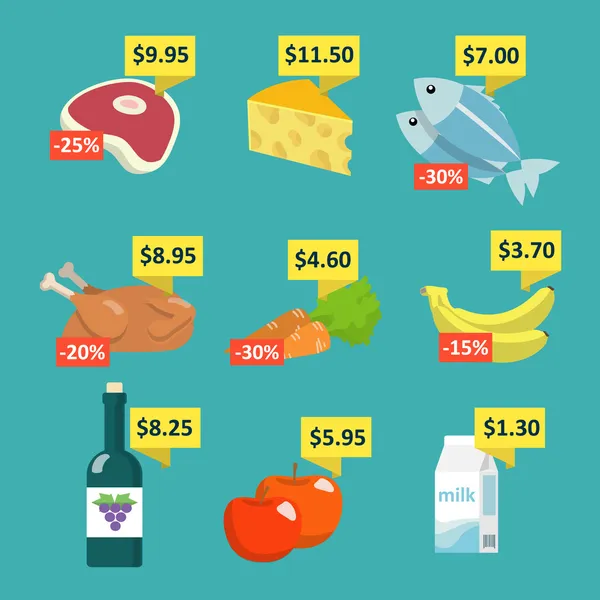 Supermarché alimentaire avec étiquettes de prix — Image vectorielle