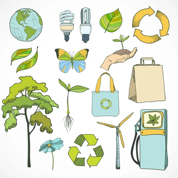 Doodles ecology and environment icons set — Stock Vector