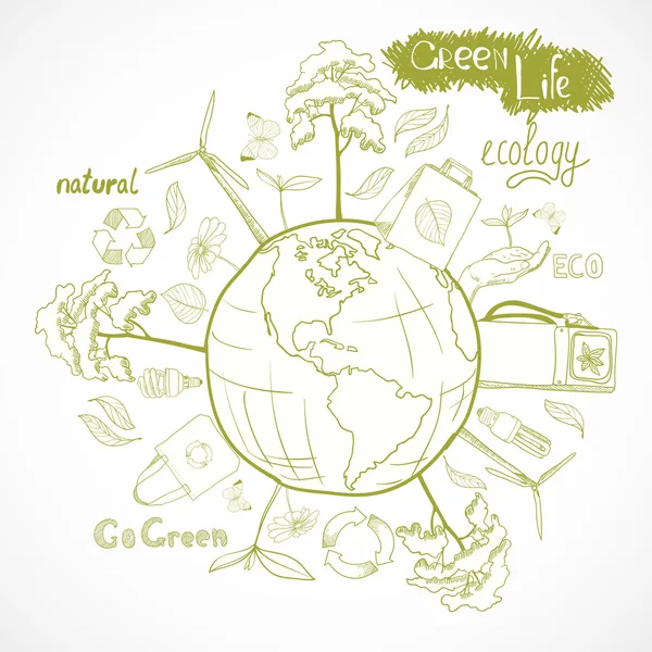 Doodles ecologia e concetto di ambiente — Vettoriale Stock