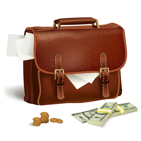Кожаный портфель с документами и деньгами — стоковый вектор
