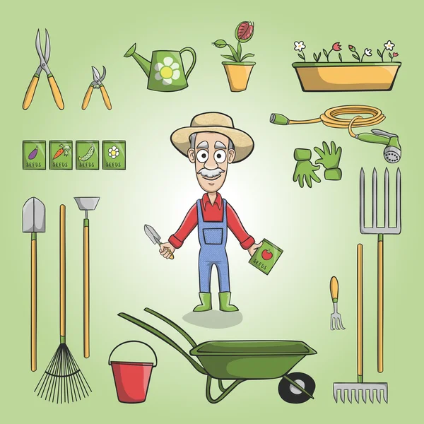 Happy gardener estabtor set - Stok Vektor