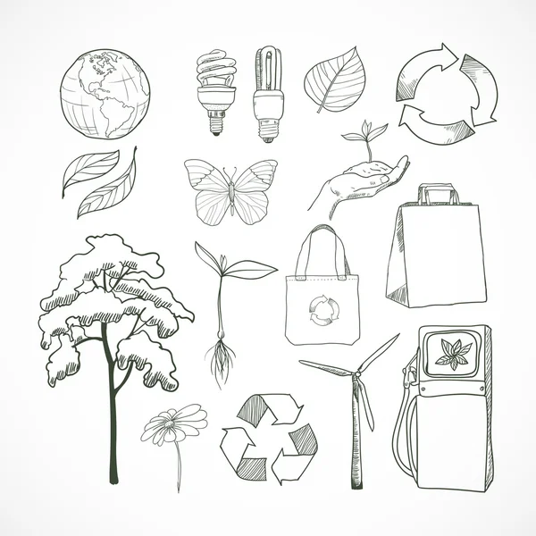 Doodles Ökologie und Umwelt Symbole gesetzt — Stockvektor