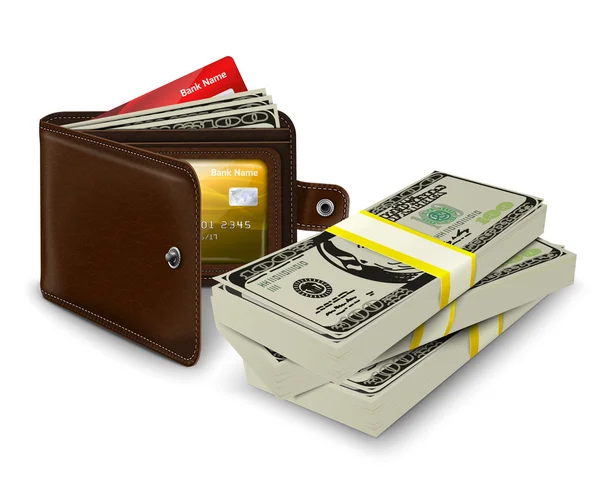 Lederen portefeuille met credit card en bank roll — Stockvector