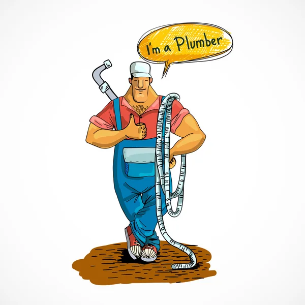 Plumber with water pipe and hose — Stock Vector