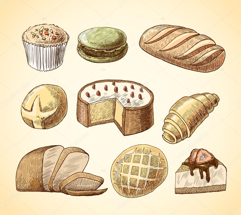 Pastry and bread decorative icons set