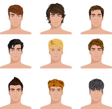 Different hairstyle men faces icons set clipart