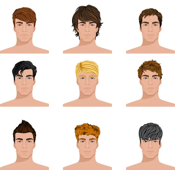 Diferentes hombres peinado caras iconos conjunto — Vector de stock