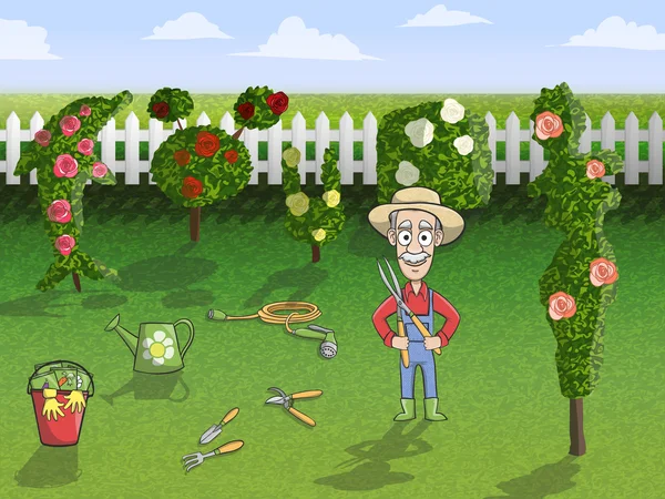 Glad trädgårdsmästare karaktär på jobbet — Stock vektor