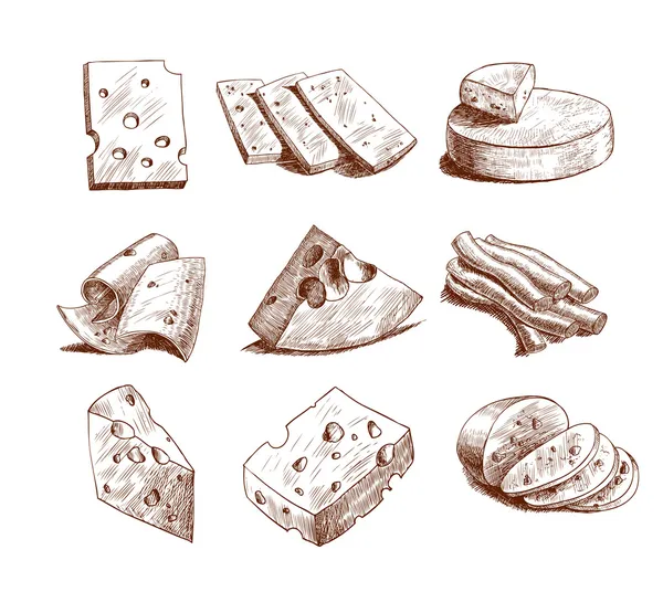 チーズのスケッチのコレクション — ストックベクタ