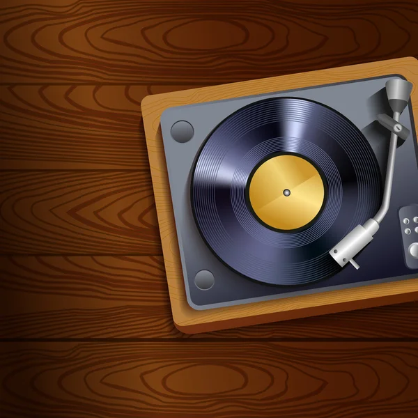 Vinyl record player on wooden background — Stock Vector
