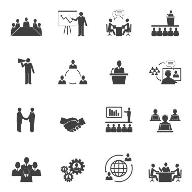 Business people online meeting strategic pictograms set of presentation online conference and teamwork isolated vector illustration stock vector
