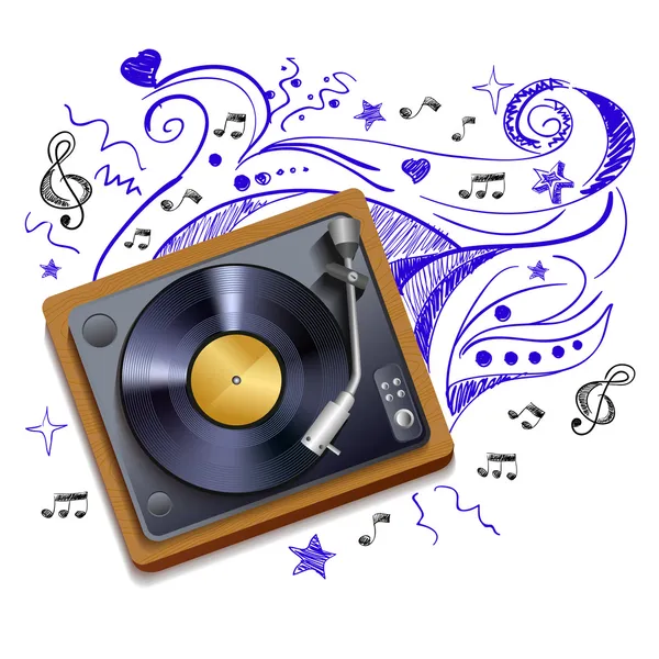 Music doodle vinyl record player — Stock Vector