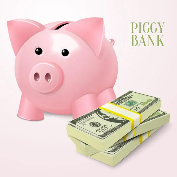 Banco porquinho com cartaz de dólares — Vetor de Stock
