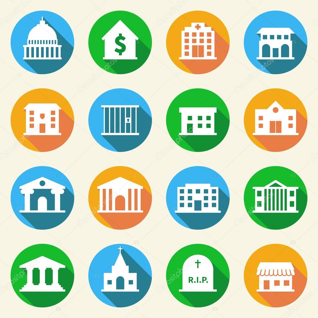 Government Buildings Icons Flat