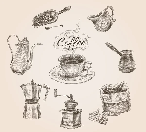 Ensemble de café rétro dessiné à la main — Image vectorielle