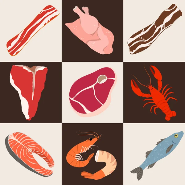 Peixes e ícones planos de carne —  Vetores de Stock