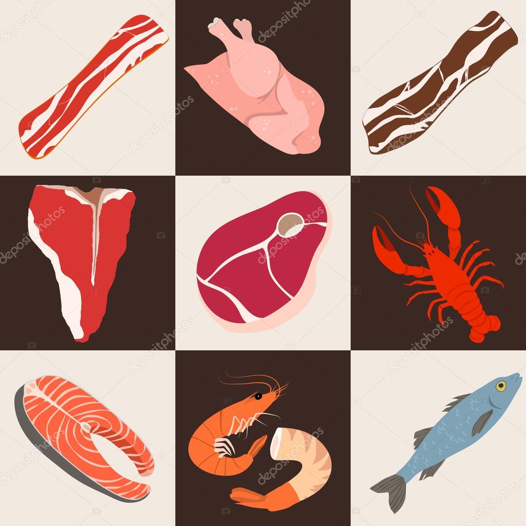Fish and meat flat icons