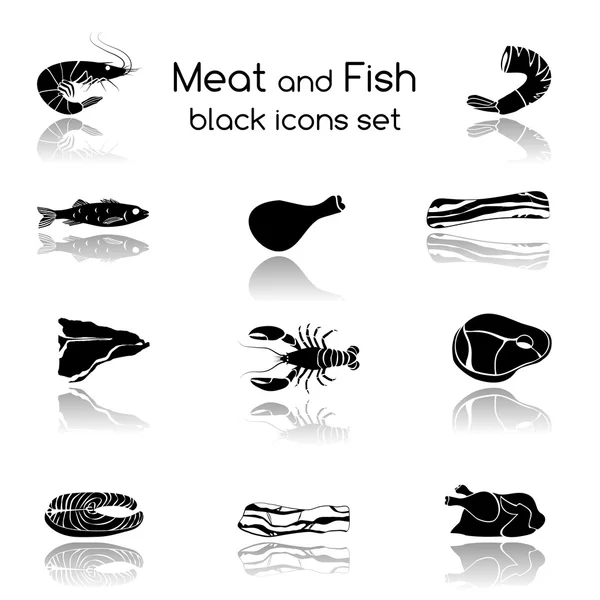 Ryby i mięsa czarny ikony — Wektor stockowy