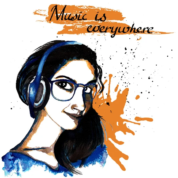 Chica tinta hipster música — Vector de stock