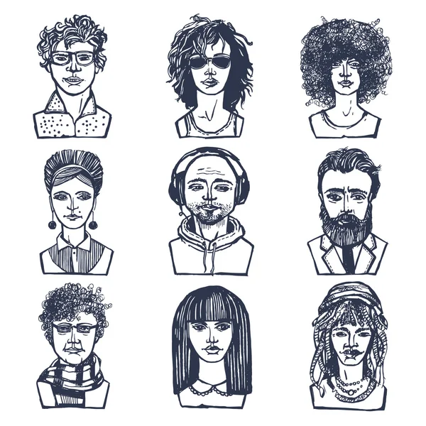 Skizze Menschen Porträts Set — Stockvektor