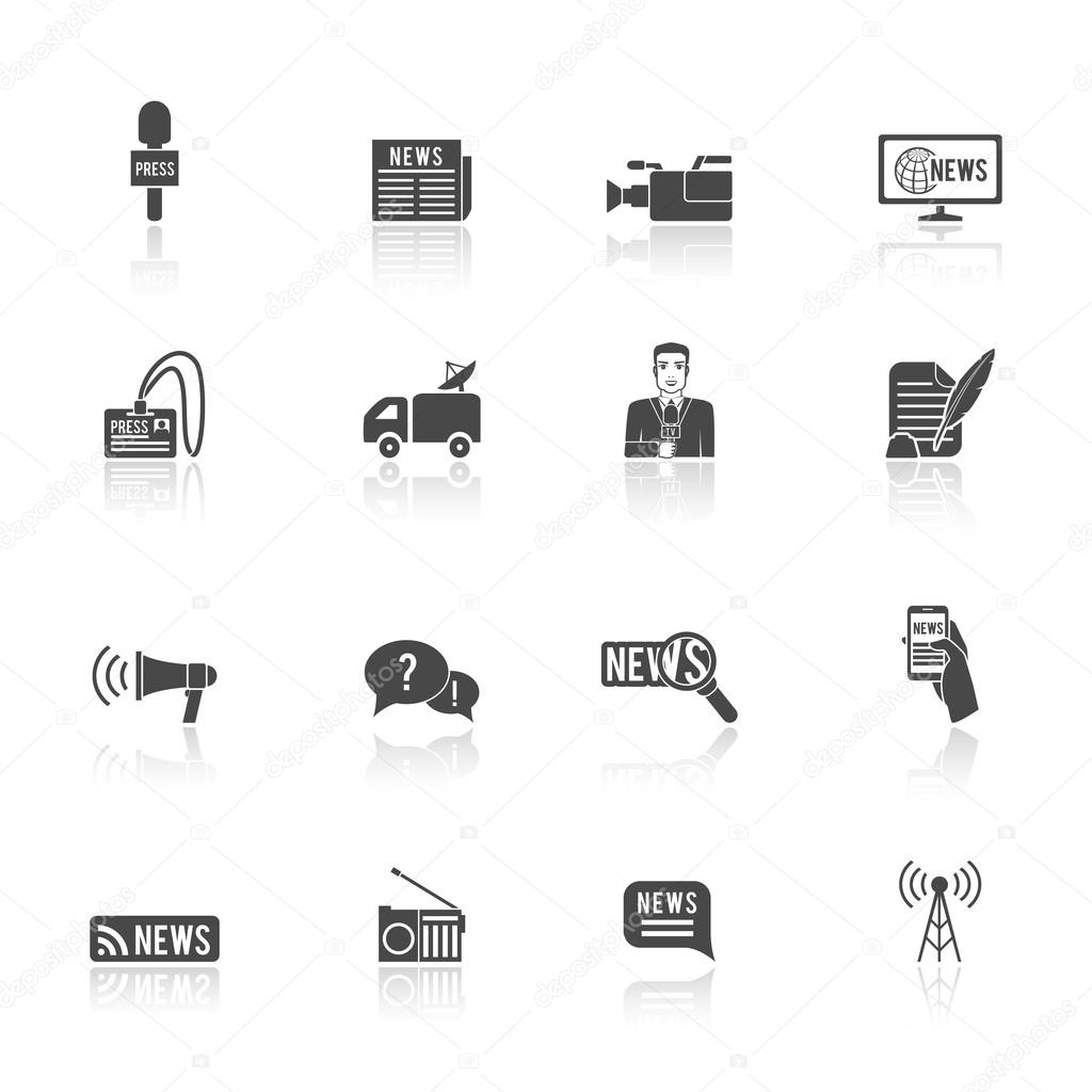 Press news broadcasting newspaper reporter microphone and computer chat bubble design graphic isolated illustration icons set