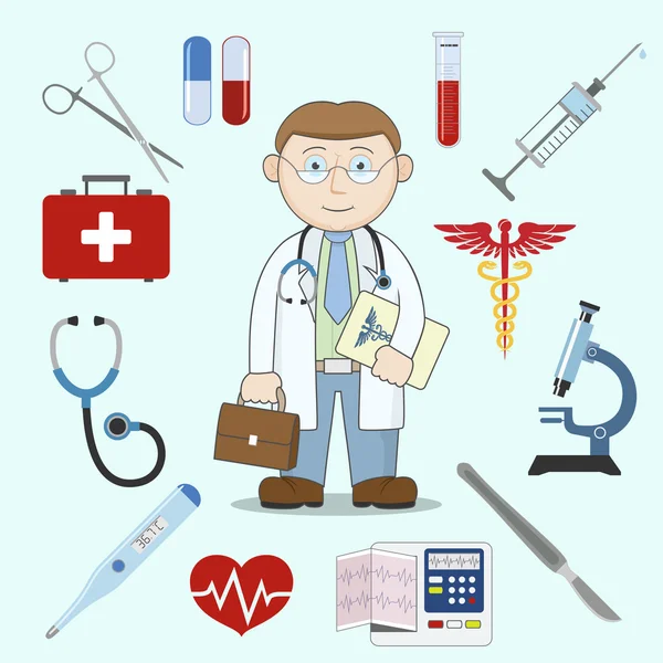 Personaje médico con iconos de medicina — Vector de stock